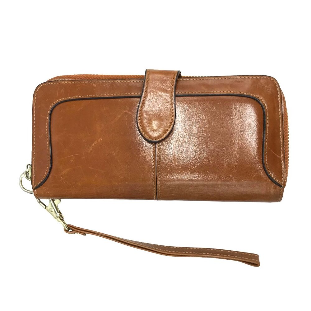 HESHE Womens Zip Around Brown Leather Wallet Wristlet Strap Cards 8x4